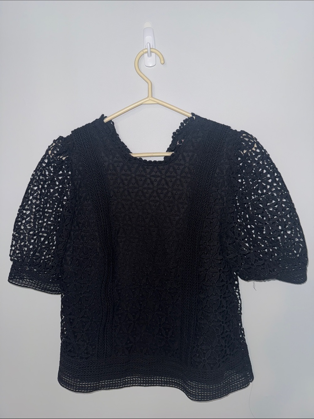 Black Crochet Puff-Sleeve Top